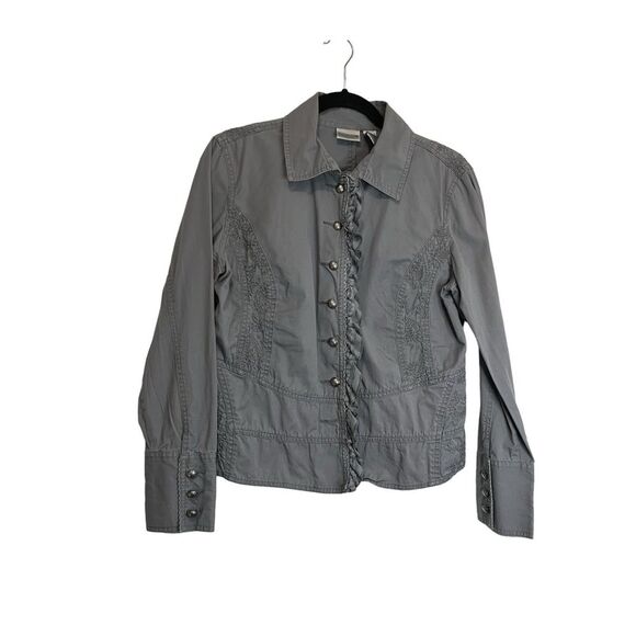 Chico's Gray Embroidered Long Sleeve Button Up Lightweight Jacket Top Womens M - Picture 1 of 11